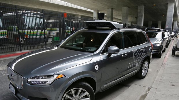 An Uber driverless car heads out for a test drive in San Francisco.