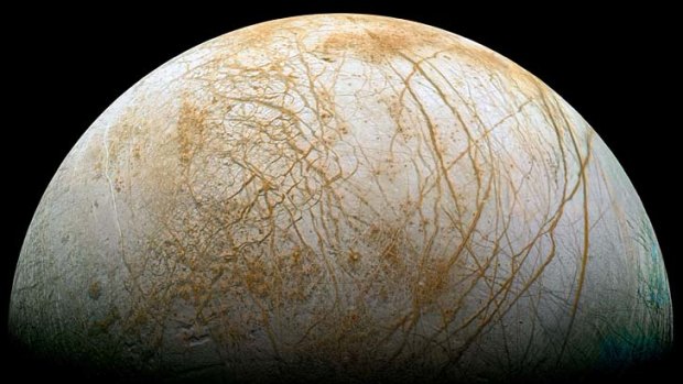 Complex and beautiful patterns adorn the icy surface of Jupiter's moon Europa.