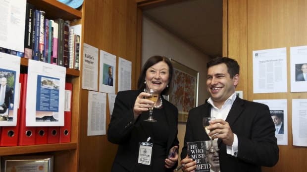 Authors Kate McClymont and Linton Besser in Eddie Obeid's old office at Parliament House at the launch of their book. 