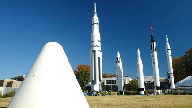 The Saturn V rocket model.