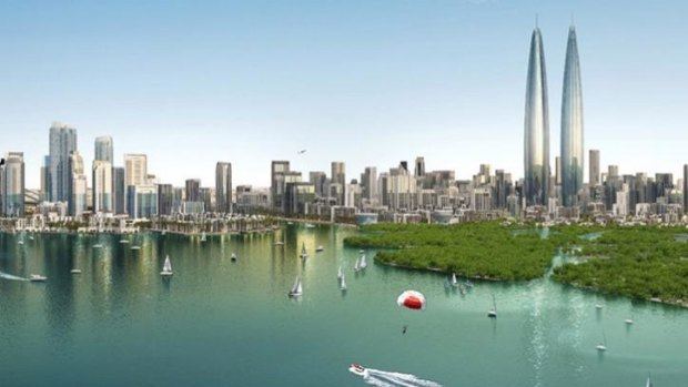 An artist's impression of the proposed six million square-metre Dubai Creek Harbour development, which includes  the world's tallest twin towers.