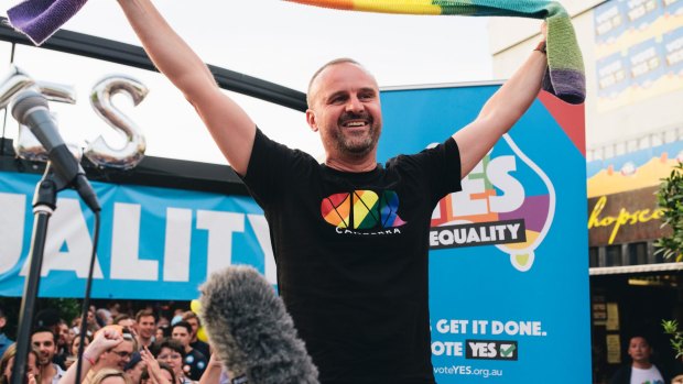 Andrew Barr celebrates the marriage equality vote result at last week's Braddon street party. 
