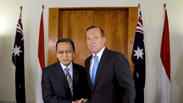 Prime Minister Tony Abbott greeted Indonesian Vice President Dr Boediono at Parliament House in Canberra.