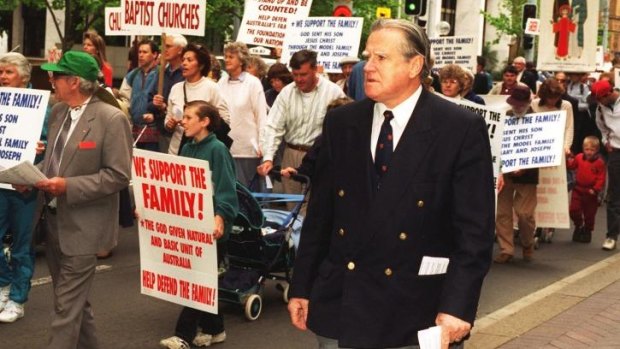 Fred Nile has been a long-term opponent of same-sex marriage. Here he is leading supporters in a 1996 march to "reinforce marriage between male and female".