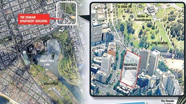 The location of the Domain apartment building is shown at the top left. If built, the proposed building (inset) would have blocked the bayside views from the Domain. Inset below: An artist's impression of the proposed apartment block.