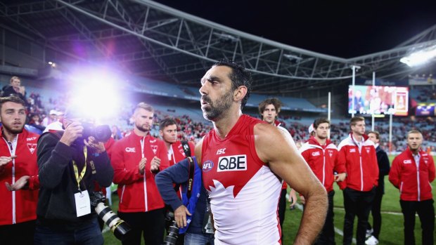 Final farewell: Adam Goodes walks from the ground after the semi-final between the Sydney Swans and the North Melbourne Kangaroos at ANZ Stadium.