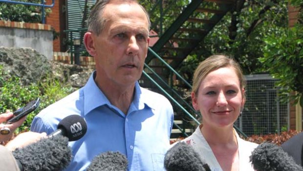 Greens leader Bob Brown and Senator-elect Larissa Waters address the media in Brisbane.