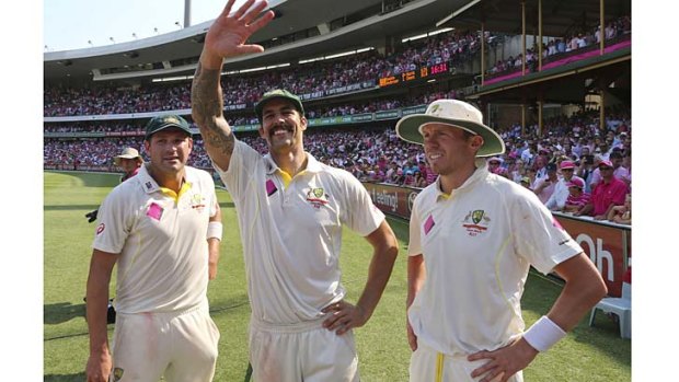 Best pace attack? Ryan Harris, Mitchell Johnson and Peter Siddle after the fifth Ashes Test win on Sunday.