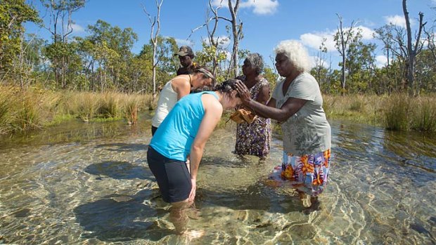 Mutual understanding:  Arnhem Land traditional owners Hagar Bulliwana and Lois Nadjamerik welcome the visitors to their country.