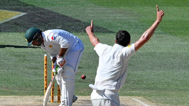 Bowled him: Mitchell Starc reacts after sending Sarfraz Ahmed's stumps flying.