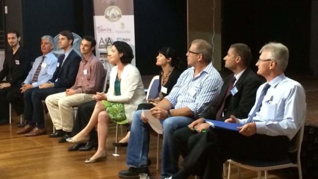 The candidates at the Griffith forum (L-R, Timothy Lawrence, Geoff Ebbs, Christopher Williams. Karel Boele, Anne Reid [obscured], Terri Butler, Melanie Thomas, Travis Windsor, Ray Sawyer and Bill Glasson)