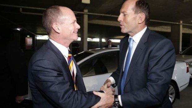 ELECTION 2013: Opposition Leader Tony Abbott meets with Queensland Premier Campbell Newman during an announcement at the Broncos Leagues Club in Queensland, on Wednesday 21 August 2013. Photo: Alex Ellinghausen
