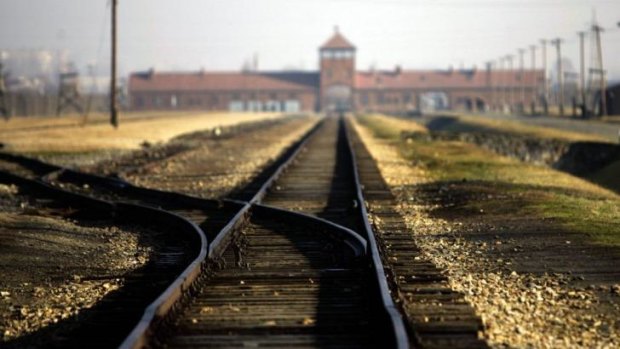 The railway spur leading to the main building of the Auschwitz-Birkenau death camp in Poland.