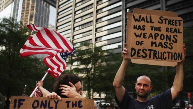 'Occupy Wall Street' demonstrators opposed to corporate profits march in the Financial District of New York.