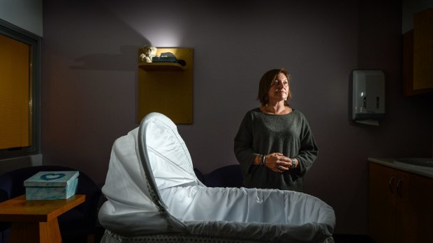 The Cuddle Cot enables a family whose baby has died to spend a little bit more time with them. The Cot cools the baby, slowing the natural processes that occur after death. Sharon Kirsopp is the Reproductive Loss Coordinator at the Royal Women's Hospital. Photo: Penny Stephens. The Age. 30TH JUNE 2015