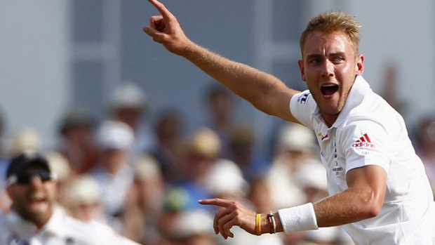 England's Stuart Broad celebrates taking the wicket of Australia's Michael Clarke during the fourth day of the first Ashes Test.