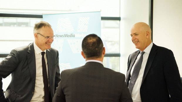 Michael Miller, Fairfax Media chief executive Greg Hywood and Australian Regional Media chief executive Neil Monaghan at the launch of the News Media Index.