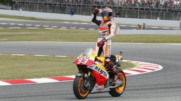 Unstoppable: Marc Marquez does a celebratory lap after his winning the Catalunya GP last month.