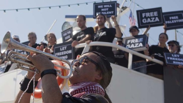 Activists aboard the Audacity of Hope, a boat which aims to sail to Gaza as part of an aid flotilla.