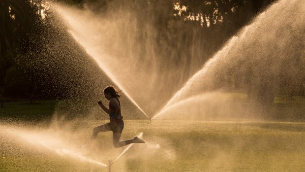  Kids play in the sprinklers at Yarraville Gardens
