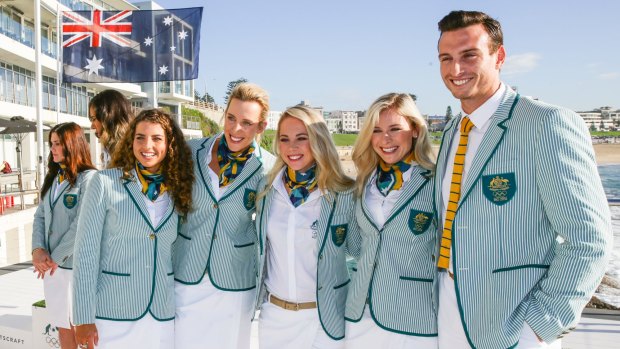 Jessica Fox, Louise Bawden, Kaarle McCulloch, Annette Edmonson and Ed Jenkinsat the Australian Olympic uniform unveiling.