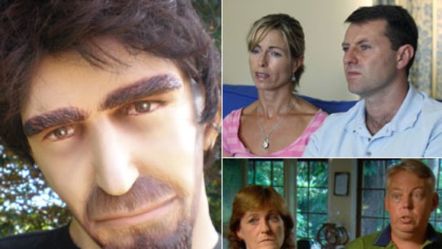 Left: a clay model of a suspect believed to have been involved in the disappearance of Daniel Morcombe. Right: below, Daniel's parents and above, Kate and Gerry McCann.