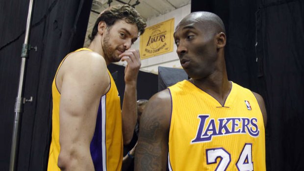 Gearing up for the season: Los Angeles Lakers forward Pau Gasol, left, of Spain, stands with guard Kobe Bryant, right, during the NBA basketball team's media day.