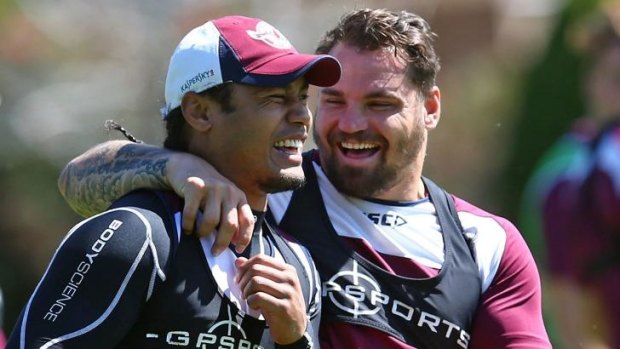 Great mates, but will they be staying at Manly?: Steve Matai and Anthony Watmough.