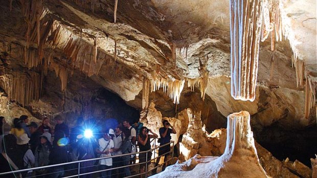 Get down... the Broken Column in Jenolan's Lucas Cave.