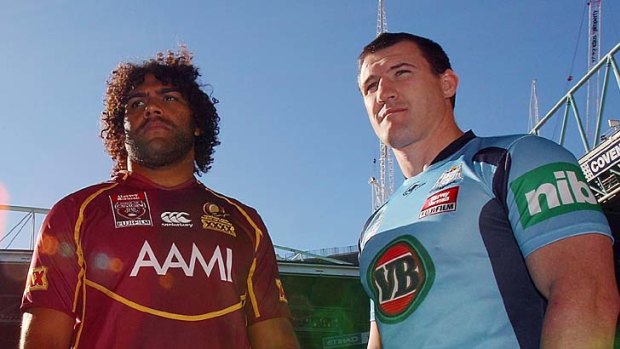Good to go ... Paul Gallen poses with Maroons second-rower Sam Thaiday at Etihad Stadium on Monday.