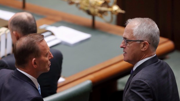 Prime Minister Tony Abbott with Malcolm Turnbull at Parliament House on Monday.