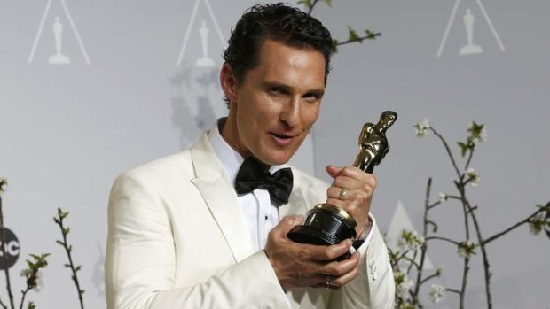 Matthew McConaughey holds his Oscar for Best Actor for the film Dallas Buyers Club.