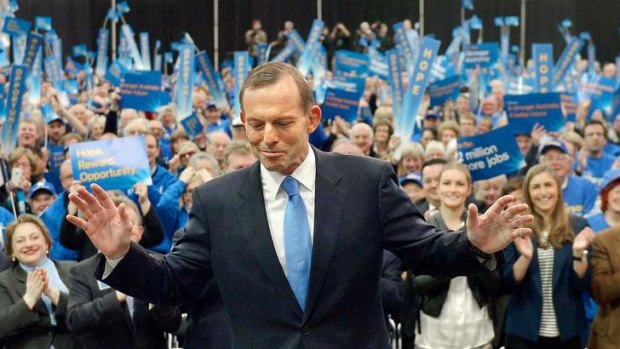 Opposition Leader Tony Abbott woo's the throng at the Victorian Liberal Party's campaign launch at the Showgrounds.
