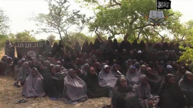 The missing girls in an image from a video released by Boko Haram in May.