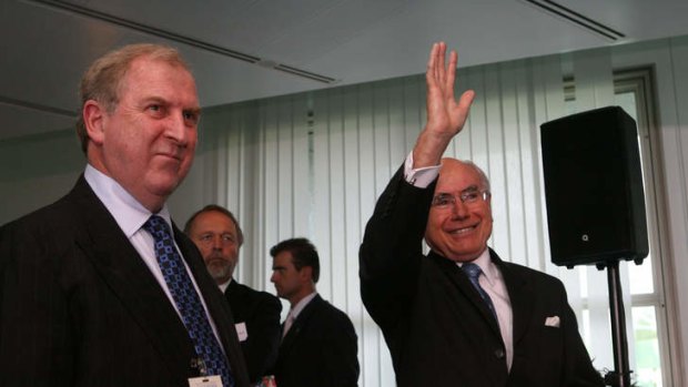 John Howard with Donnelly at the launch of <i>Dumbing Down</i>.