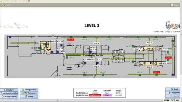 The building control panel showing the layout of water pipes in Google’s third floor at Wharf 7.