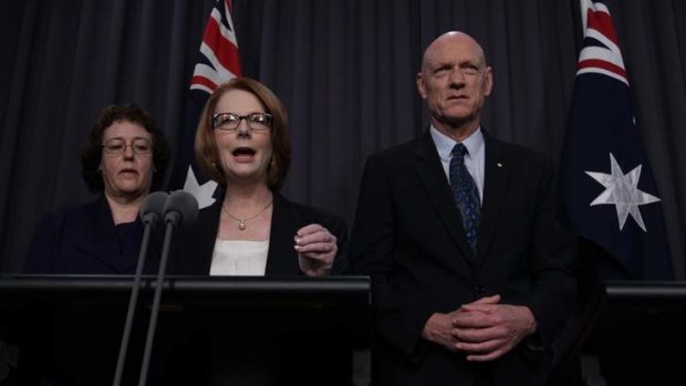 School funding plans: parliamentary secretary Jacinta Collins, Prime Minister Julia Gillard and School Education Minister Peter Garrett.