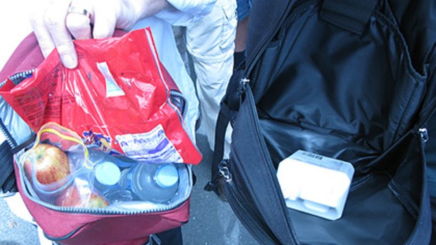 Ashes fans weren't allowed to take these bags into the Gabba, despite the fact they contained only fruit, water and sunscreen.