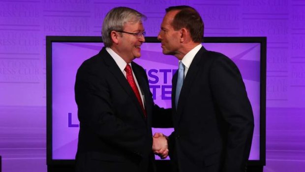 Prime Minister Kevin Rudd and Opposition leader Tony Abbott at the start of the debate.