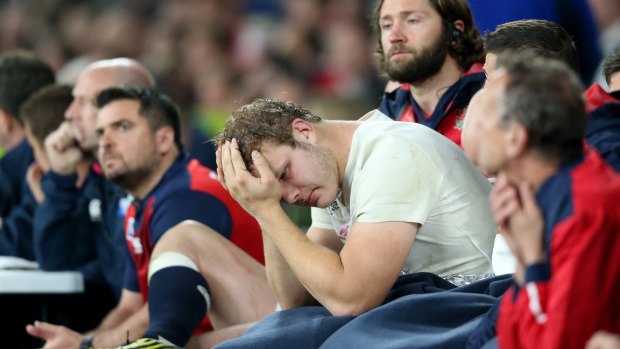 Man of the bench? ... Joe Launchbury holds his head in his hands during match against Australia.