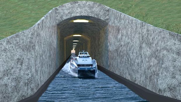 A computer generated picture released by Nordfjord Vekst shows the so-called Stad Ship Tunnel, the world's first shipping tunnel being planned on the Stad peninsula on the western coast of Norway.