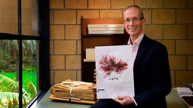 Melbourne's Royal Botanic Garden's director Tim Entwisle with an image of the red seaweed named after him.
