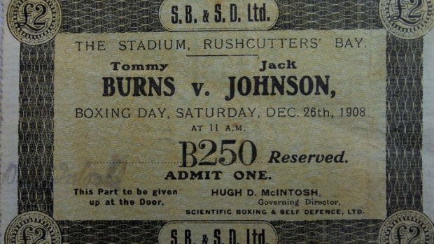 The ticket for seat No B250 for the Tommy Burns v Jack Johnson showdown.