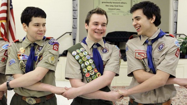 Pascal Tessier, centre, with fellow scouts last year. Last month, the Boy Scouts' New York chapter announced it hired Tessier, the first openly gay US Eagle Scout, as a summer camp leader.