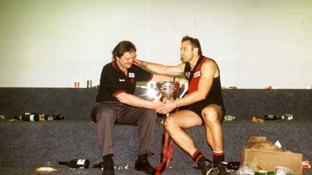 Kevin Sheedy and Tim Watson with the 1993 premiership cup after Essendon's grand final win.