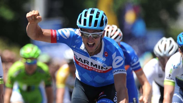 Sweet success: Nathan Haas celebrates victory in Thursday stage of the Herald Sun Tour.