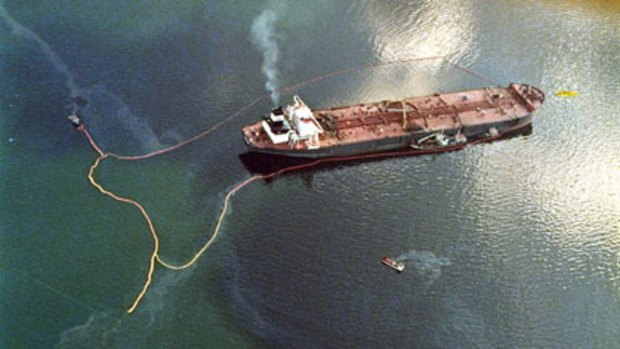 Crude oil spills from the tanker Exxon Valdez at Alaska's Prince William Sound in 1989.