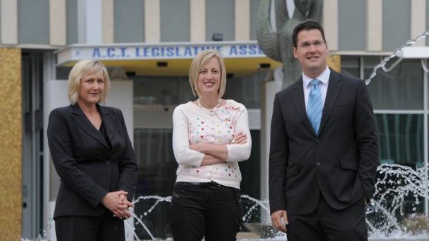 Greens Convener Meredith Hunter, left, Labor leader and Chief Minister Katy Gallagher and Liberal Opposition leader Zed Seselja.