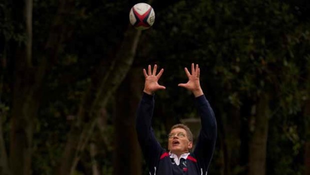 Up there, Ted Baillieu: The Premier gets some lineout practice with new Melbourne rugby union outfit the Rebels.