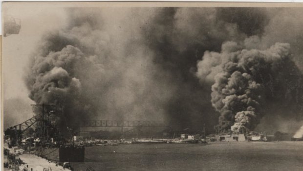 A section of Pearl Harbour after theattack by Japanese bombers.